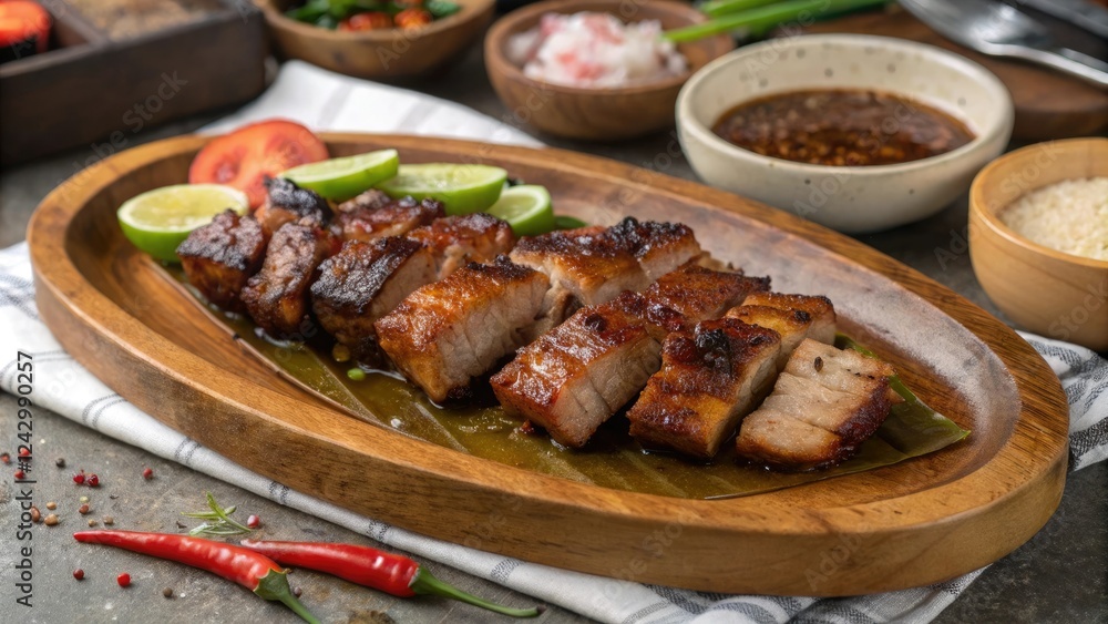 Sizzling inihaw na liempo on a wooden platter with caramelized skin and tender meat, crispy skin, inihaw Sizzling inihaw na liempo on a wooden platter with caramelized skin and tender meat, crispy skin, inihaw