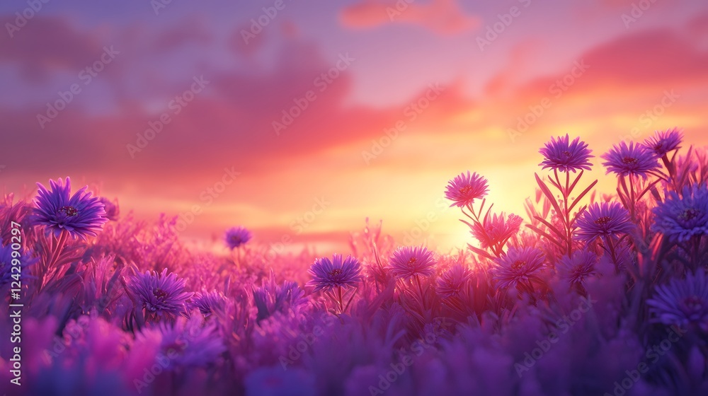 Naklejka premium Purple Flowers Sunset Field Vibrant Colors Nature Scene