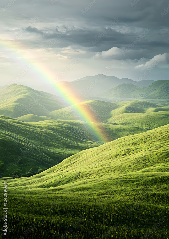 Obraz premium Rainbow over rolling green hills and mountains.