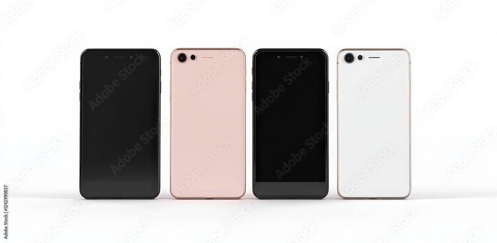 A row of colorful cell phones on a white background A row of colorful cell phones on a white background