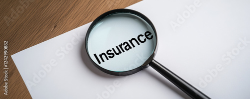 business insurance, Magnifying glass focusing on word Insurance on paper, symbolizing scrutiny and analysis photo