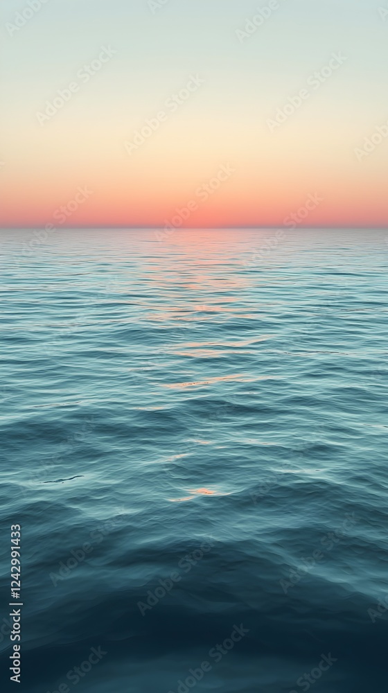 Obraz premium A serene view of the ocean at dusk, showcasing gentle waves reflecting soft hues of orange and pink as the sun sets on the horizon.