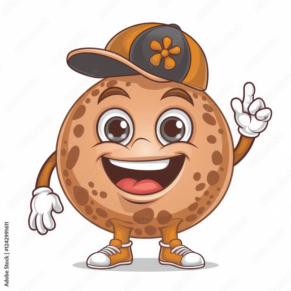 a cheerful cookie mascot wearing a baseball cap with a flower. It is standing with one hand raised, ready to share its charm. The cookie has a big smile on its face, and its eyes sparkle with joy. a cheerful cookie mascot wearing a baseball cap with a flower. It is standing with one hand raised, ready to share its charm. The cookie has a big smile on its face, and its eyes sparkle with joy.
