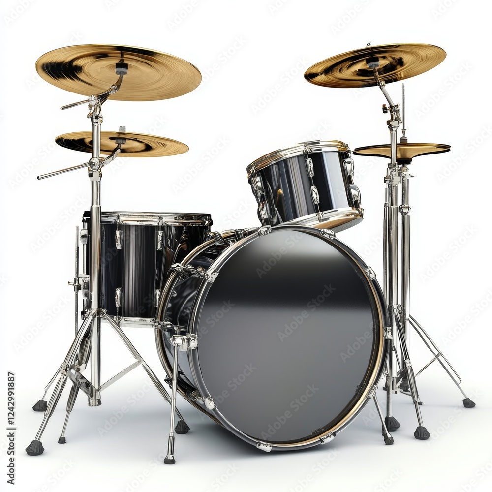 Fototapeta premium Black and Silver Drum Set with Cymbals on White Background