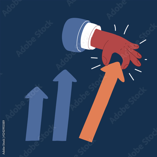 Cartoon vector illustration of a hand lifting an upward arrow, symbolizing economic recovery and growth after a crisis over dark background