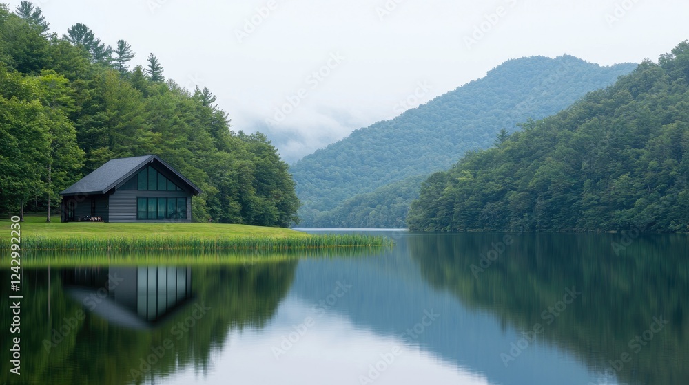 Fototapeta premium Modern cabin lake mountain reflection serenity escape