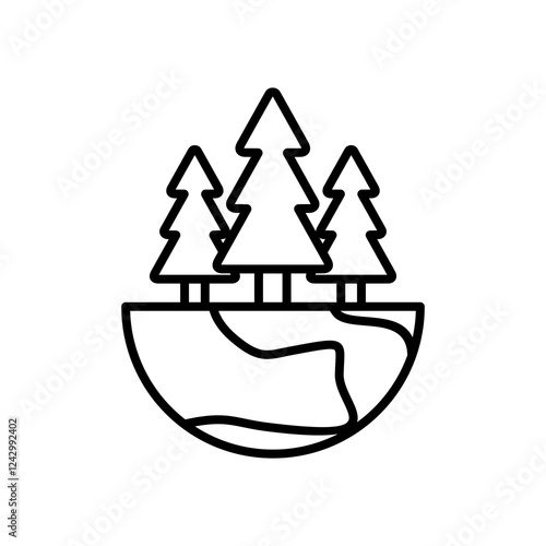 Forest line icon, drawing of a river flowing through a forest. Ideal for naturethemed designs, outdoor apparel, ecofriendly branding, and environmental awareness campaigns.