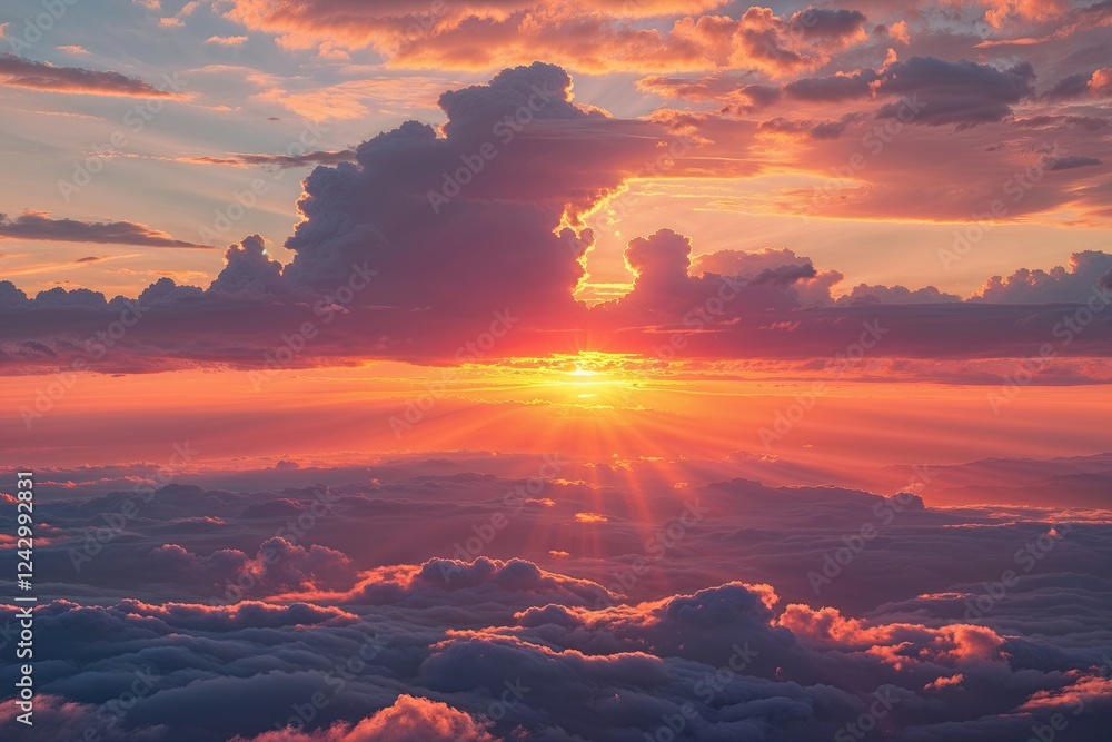 Fototapeta premium Vibrant Sunset with Cloudscape and Soft Sunbeams