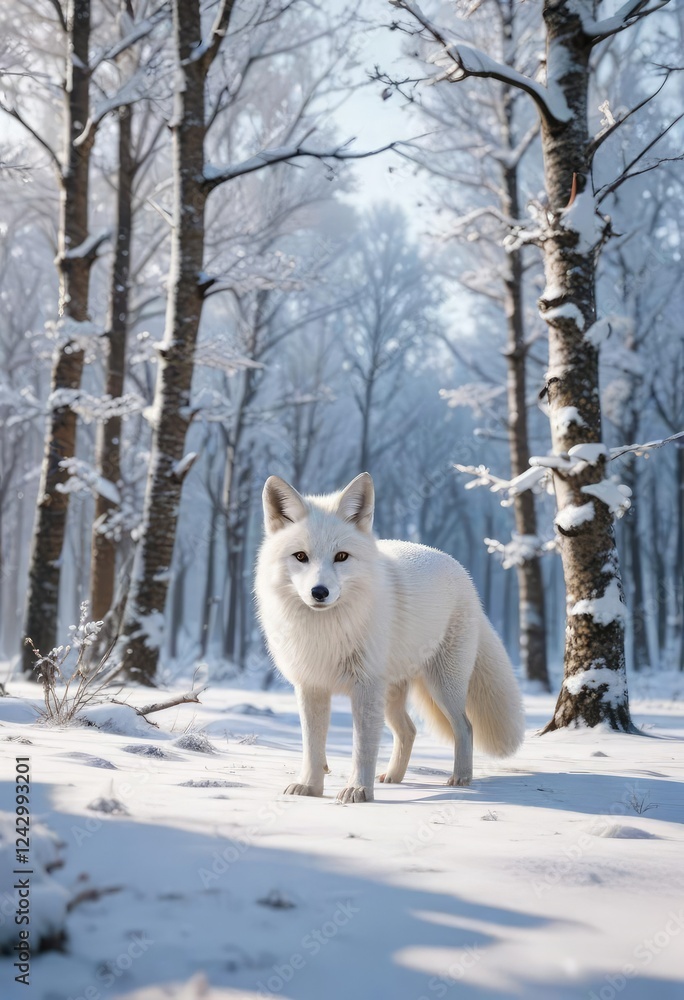 Snowy trees with majestic white fox in winter landscape, fox in the woods, outdoor photography, fox behavior Snowy trees with majestic white fox in winter landscape, fox in the woods, outdoor photography, fox behavior