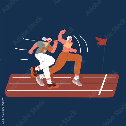 Cartoon vector illustration of two women running on a track, symbolizing competition, determination, and empowerment over dark background