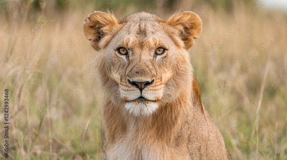 Lioness stares, African savanna, tall grass background, wildlife documentary Lioness stares, African savanna, tall grass background, wildlife documentary