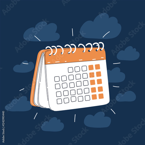 Cartoon vector illustration of a colorful calendar, symbolizing organization, planning, and time management over dark background