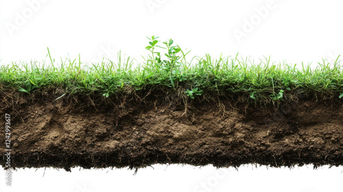 a realistic background for a ground breaking presentation. Soil with lush green grass on white background.Abstract Clipping path included. Isolated on pure white.  photo