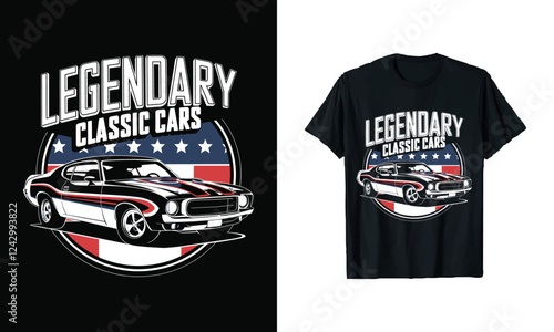 Show off your love for vintage automobiles with this eye-catching T-shirt design featuring "Legendary Classic Cars!" Perfect for car enthusiasts who appreciate timeless style and American heritage