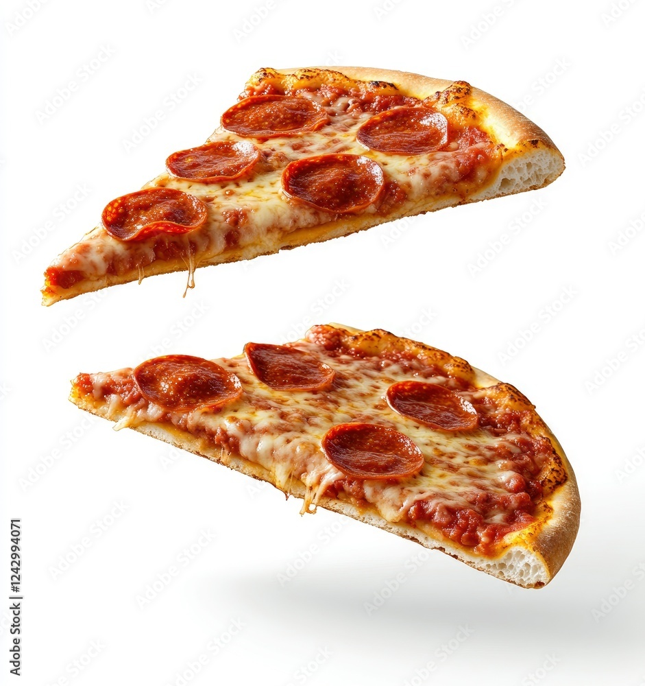 Two slices of pizza floating in the air, against a white background, a realistic photograph with high resolution, high detail, Two slices of pizza floating in the air, against a white background, a realistic photograph with high resolution, high detail,