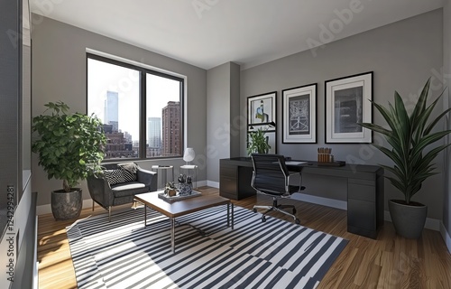 Home office with desk  chair  computer  and wall pictures