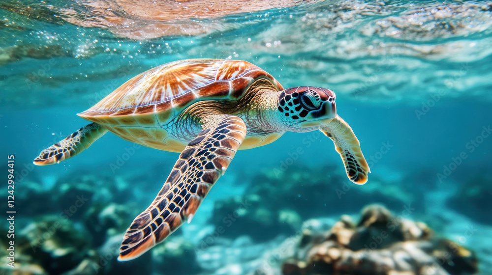 Fototapeta premium vibrant sea turtle gracefully swims through clear blue waters, showcasing its colorful shell and patterned flippers. sunlight filters through water, illuminating scene with serene glow
