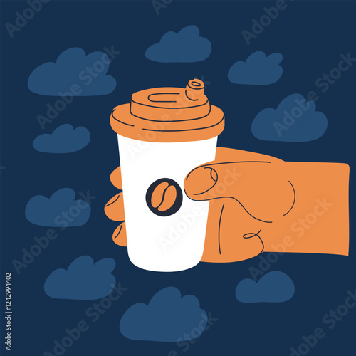 Cartoon vector illustration of a hand holding a coffee cup in a paper cup, symbolizing comfort, energy, and daily routine over dark background
