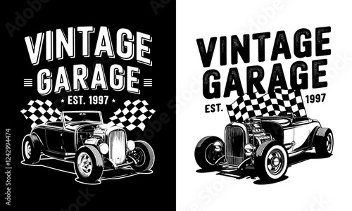 Celebrate the love for classic automobiles with our "Vintage Garage" T-shirt design! Established in 1997, this graphic features a classic car and racing flags, perfect for vintage car enthusiasts 