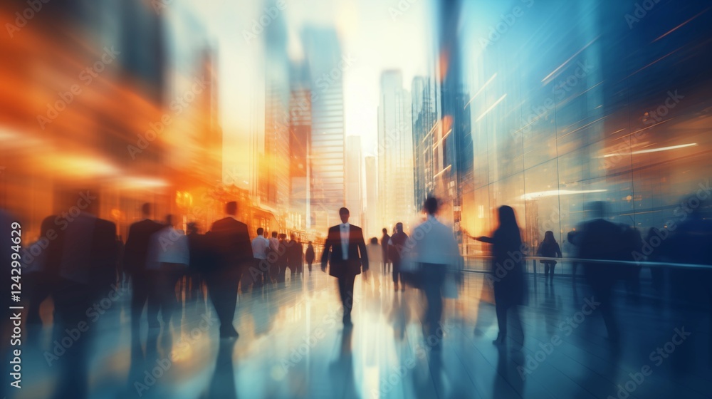 Obraz premium Crowd of People Walking in a Blurred Cityscape with Tall Buildings and Abstract Blue Light Effects, suitable for business background. 