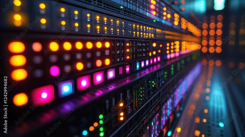 Close-up view of vibrant server lights in a data center, showcasing technology in action Close-up view of vibrant server lights in a data center, showcasing technology in action