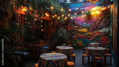 Festive outdoor caf with colorful tablecloths and mural wall photo