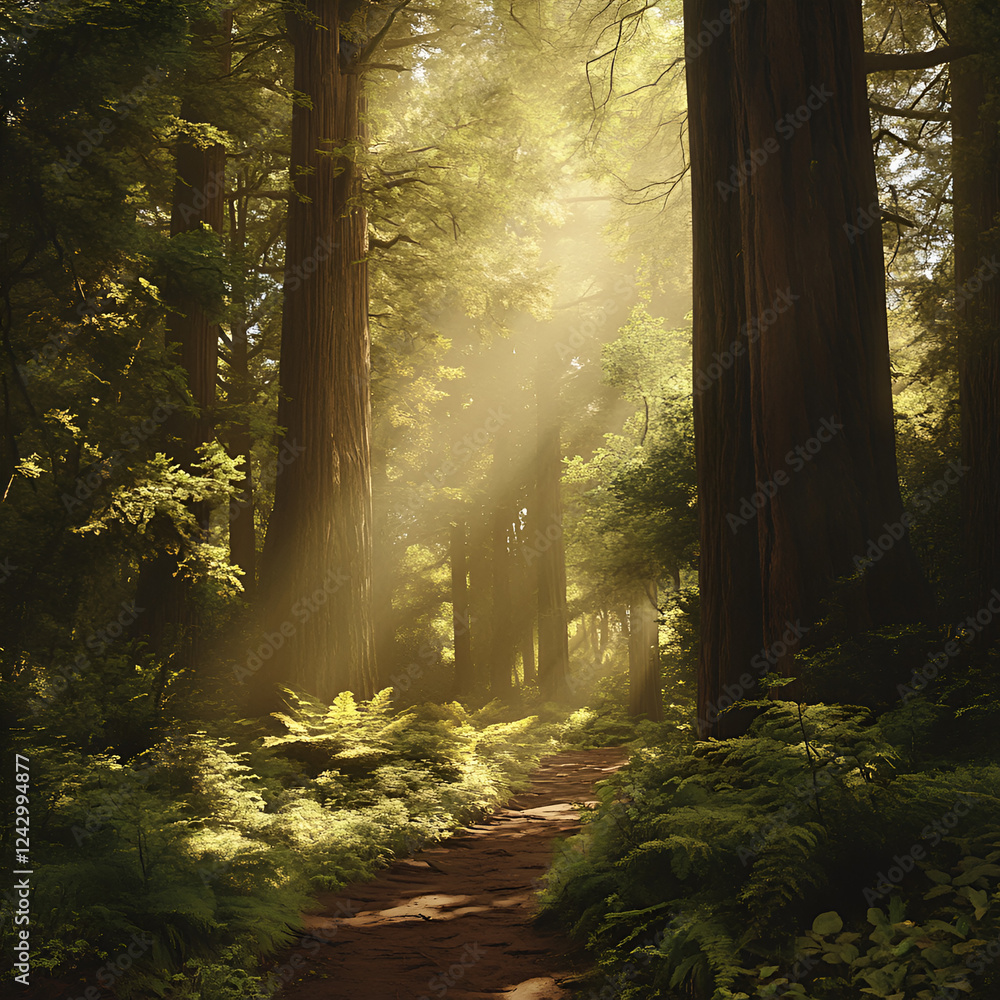 Path Through a Redwood Forest: Sunbeams stream through the towering redwoods, illuminating a tranquil path winding through a lush, ancient forest. Path Through a Redwood Forest: Sunbeams stream through the towering redwoods, illuminating a tranquil path winding through a lush, ancient forest.