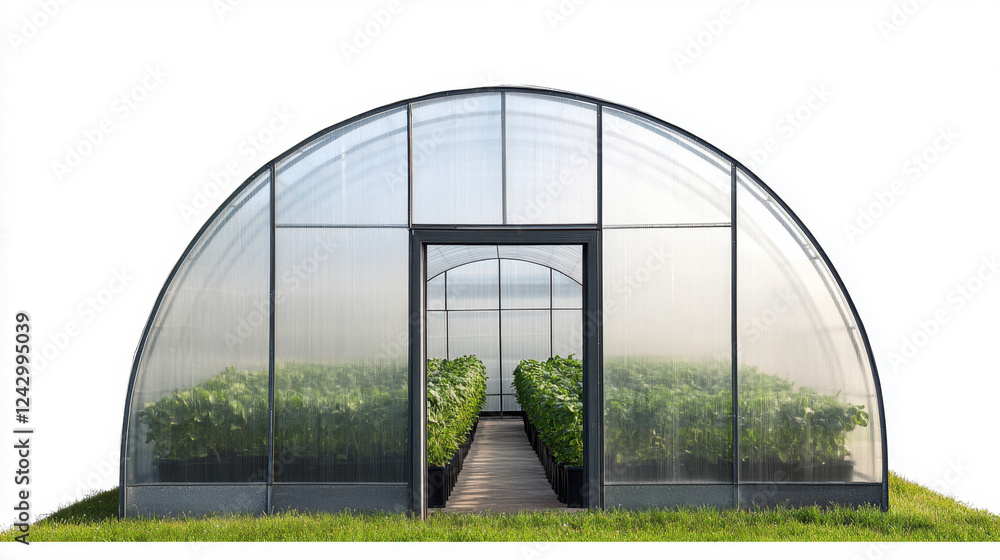 Fototapeta premium Agricultural greenhouse with plantation inside. Blue sky day. Isolated on pure white.