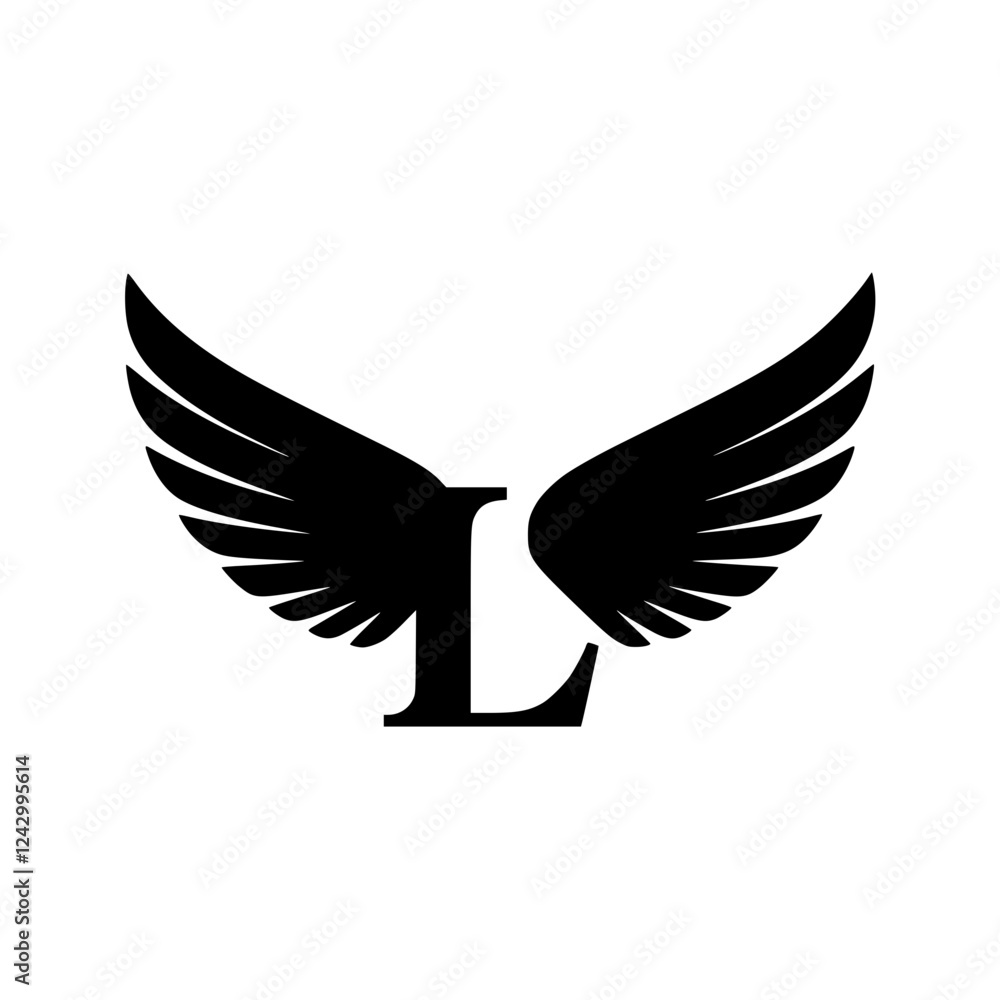 Obraz premium Winged Letter L Black Logo Design, Black letter L with symmetrical wings, creating a bold and stylish logo. Perfect for branding, aviation, business, sports, or creative identity. 