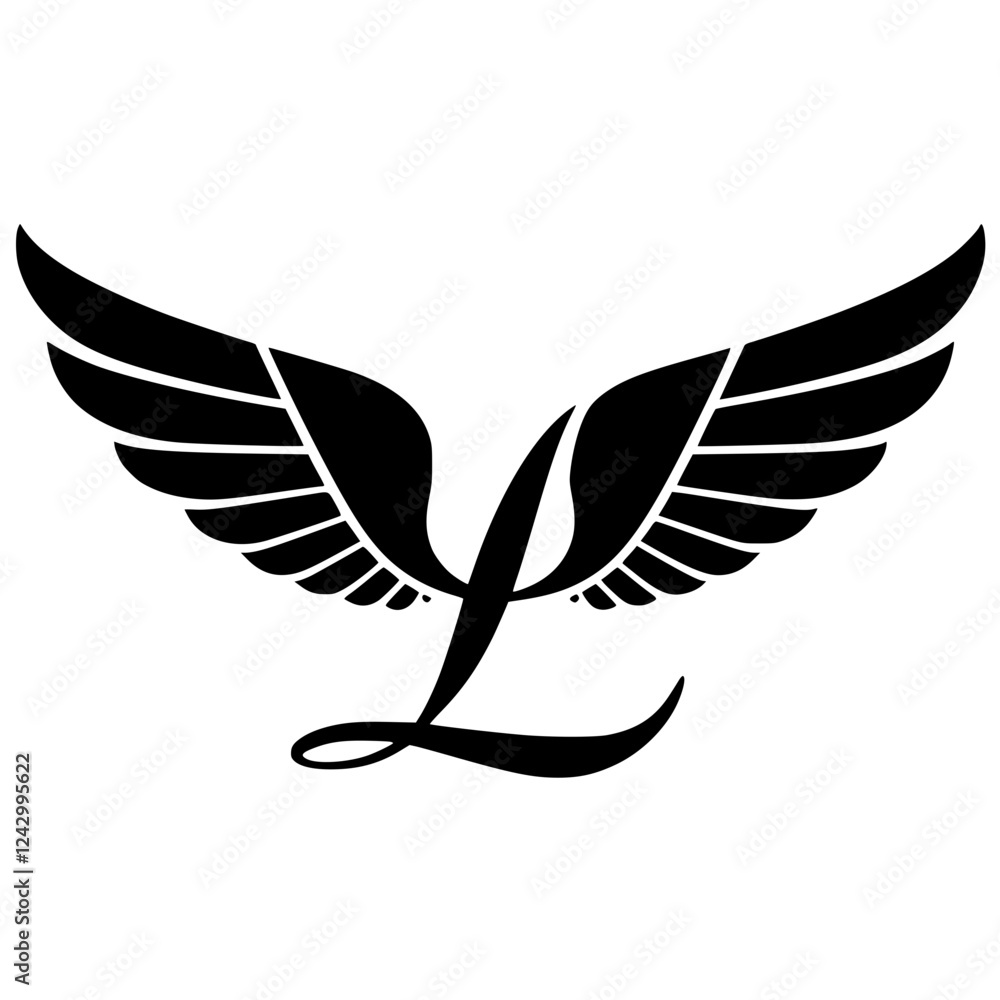 Fototapeta premium Winged Letter L Black Logo Design, Black letter L with symmetrical wings, creating a bold and stylish logo. Perfect for branding, aviation, business, sports, or creative identity. 