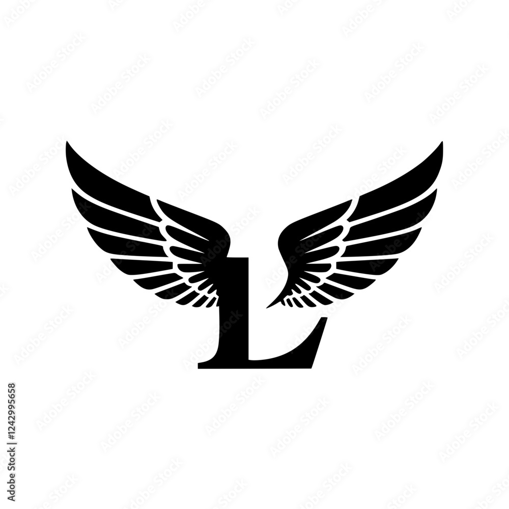Fototapeta premium Winged Letter L Black Logo Design, Black letter L with symmetrical wings, creating a bold and stylish logo. Perfect for branding, aviation, business, sports, or creative identity. 