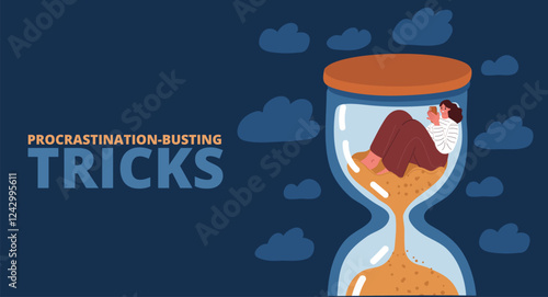 Cartoon vector illustration of a woman sitting inside an hourglass with a phone, symbolizing the balance between time management and modern technology over dark background