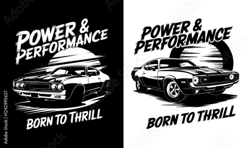 Unleash your passion for speed with our "Power & Performance - Born to Thrill" T-shirt! Featuring stunning vintage car graphics, this design is perfect for automotive enthusiasts 