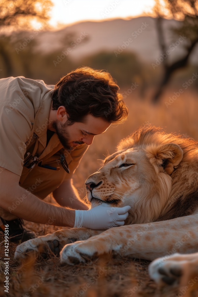 Naklejka premium A veterinarian carefully treating a lion in the wild, showcasing compassion and wildlife conservation efforts in a safari setting. Ideal for wildlife care promotions, veterinary services, and animal c