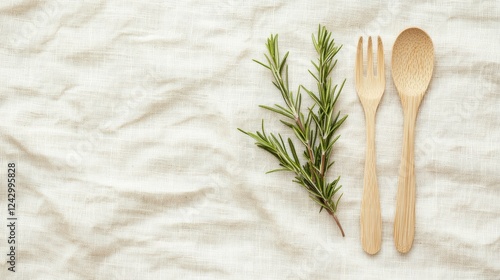 Biodegradable utensils flat lay with rosemary on textured linen