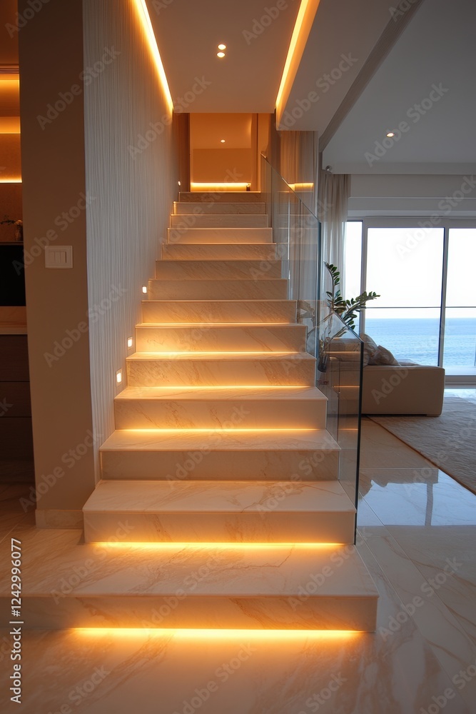 Fototapeta premium Elegant staircase design modern home interior bright environment eye-level view