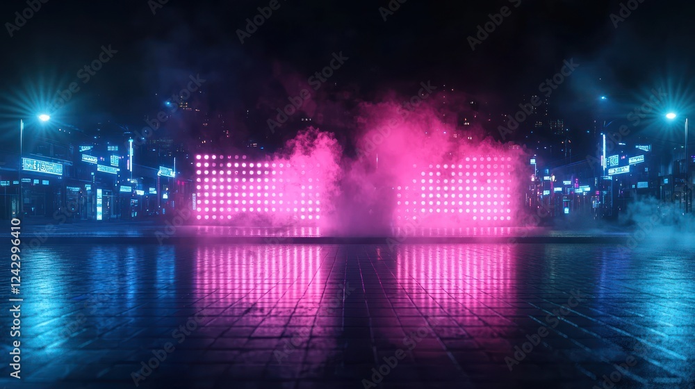 Naklejka premium Pink and Blue Neon Lights Reflecting on Wet City Street at Night