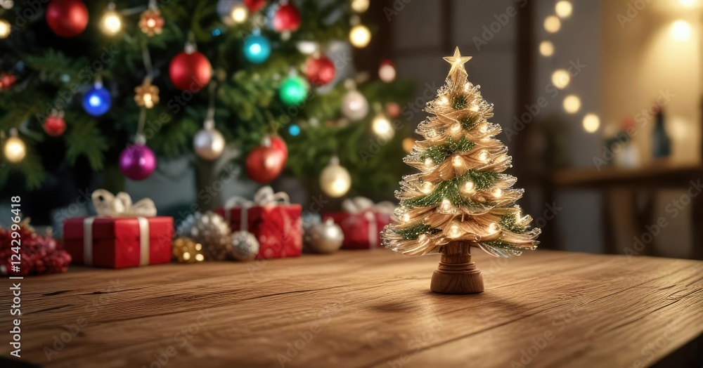 Sparkling Christmas tree lights and ornaments on a wooden table, holiday decorations, , warm ambiance Sparkling Christmas tree lights and ornaments on a wooden table, holiday decorations, , warm ambiance