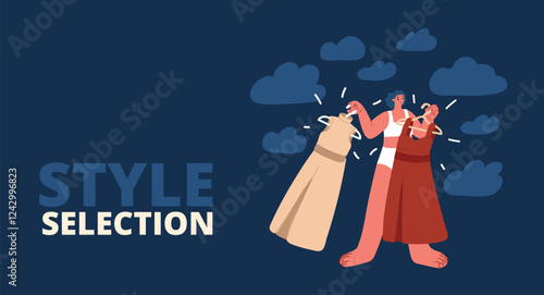 Cartoon vector illustration of a woman choosing a dress to wear, symbolizing decision-making and style selection over dark background
