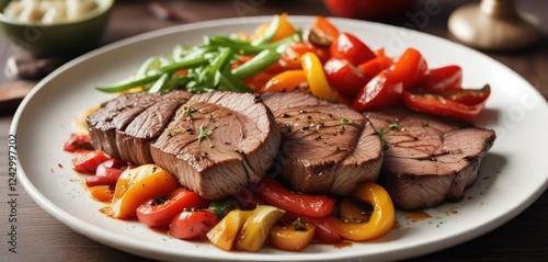 Pan-seared liver on a plate with a side of saut?ed onions and bell peppers, meaty texture, braised liver photo