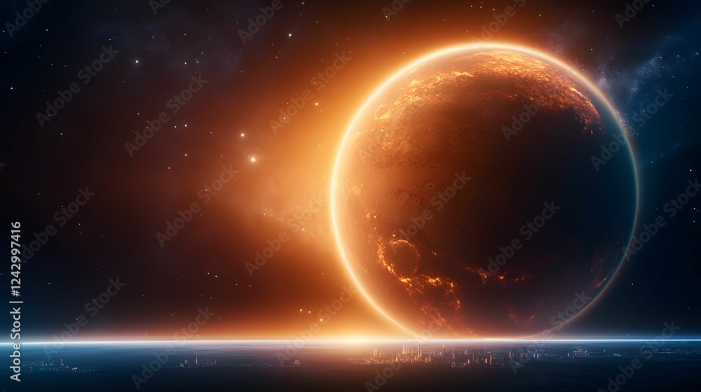 Fototapeta premium A stunning cosmic scene featuring a glowing planet set against a backdrop of stars and ethereal light effects.