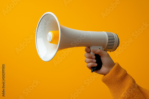 Person Holding A White Megaphone Against A Bright Yellow Background, Featuring Studio Lighting For Advertising And Promotional Media. Generative Ai photo