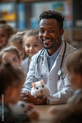 A confident male doctor smiling and interacting with a group of students, showcasing a professional yet friendly teaching environment. Ideal for healthcare, education, or medical-related content. photo