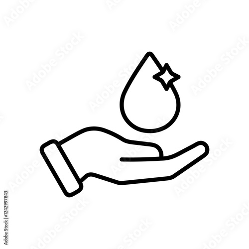 Clean Water line icon, Hand delicately holds a water drop adorned with a star. Ideal for nature, beauty, creativity, and wonderthemed projects and designs.