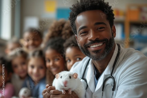 A confident male doctor smiling and interacting with a group of students, showcasing a professional yet friendly teaching environment. Ideal for healthcare, education, or medical-related content. photo