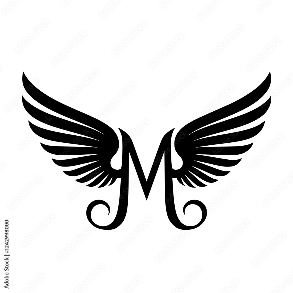 Fototapeta premium Winged Letter M Black Logo Design, Black letter M with symmetrical wings, forming a bold and stylish logo. Ideal for branding, aviation, business, sports, or creative identity. 