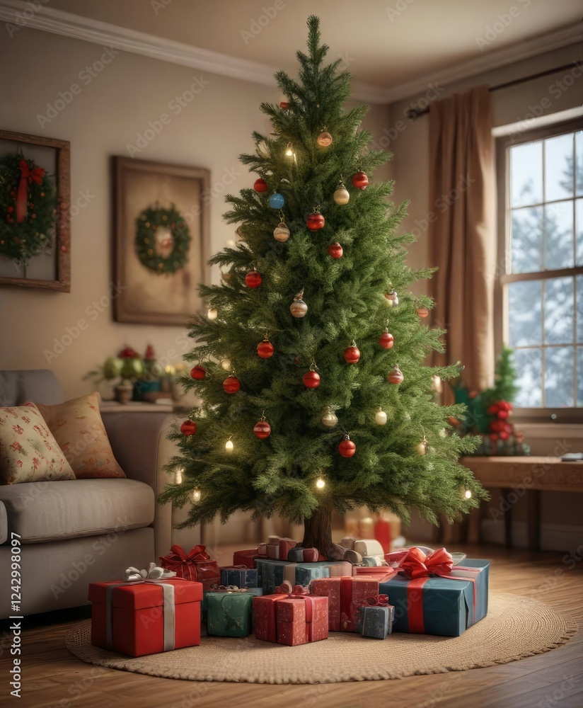 pine tree in a cozy living room with a few presents under it and some holly nearby, pine tree, seasonal, presents pine tree in a cozy living room with a few presents under it and some holly nearby, pine tree, seasonal, presents