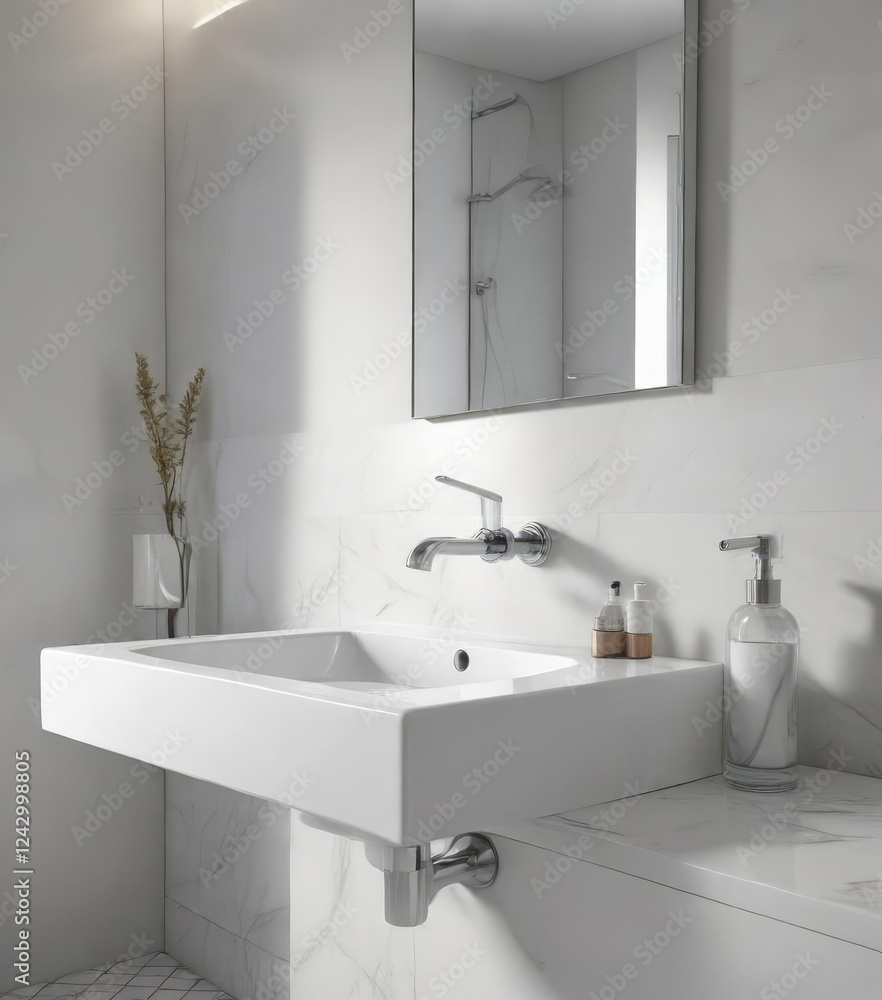 Fototapeta premium Polished white vanity sink with sleek silver tap in contemporary public toilet, contemporary, convenience