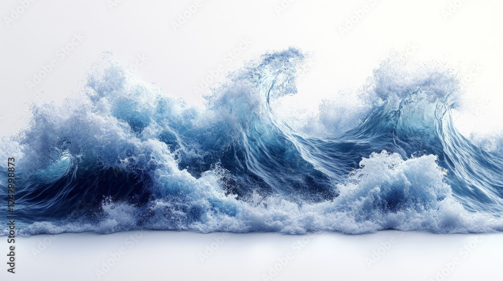 Obraz premium Dynamic ocean waves crashing on a serene white background, powerful nature's force