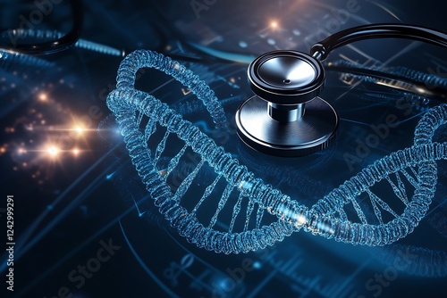 A dynamic vector image of a stethoscope and a DNA strand, emphasizing genetic health and research on World Health Day,